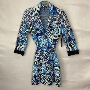 NWT Nic + Zoe Knit M Trench Coat Blue Abstract Floral Long Jacket Belted Office